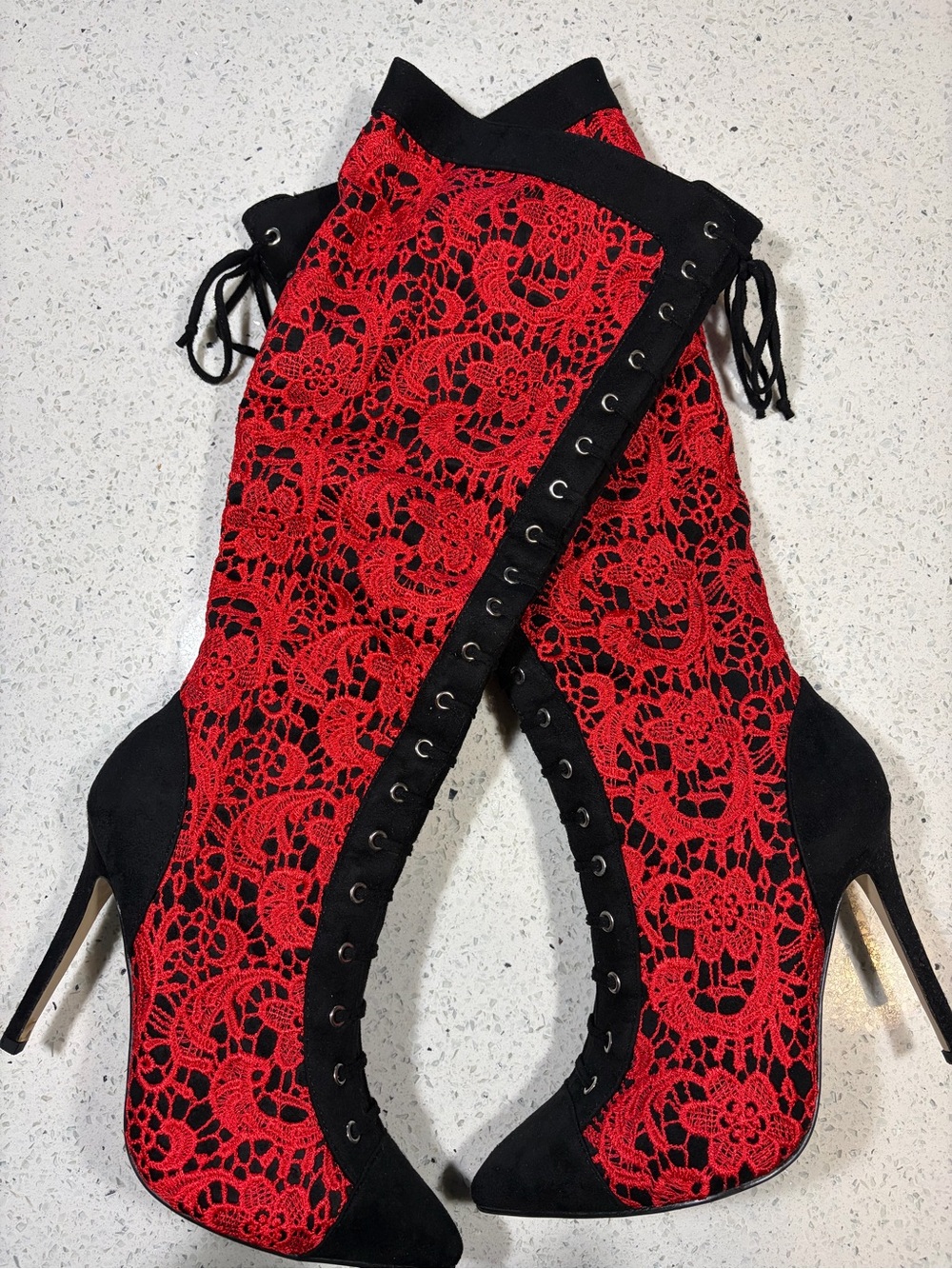 Red Lace Over-The-Knee Lace-Up Heels